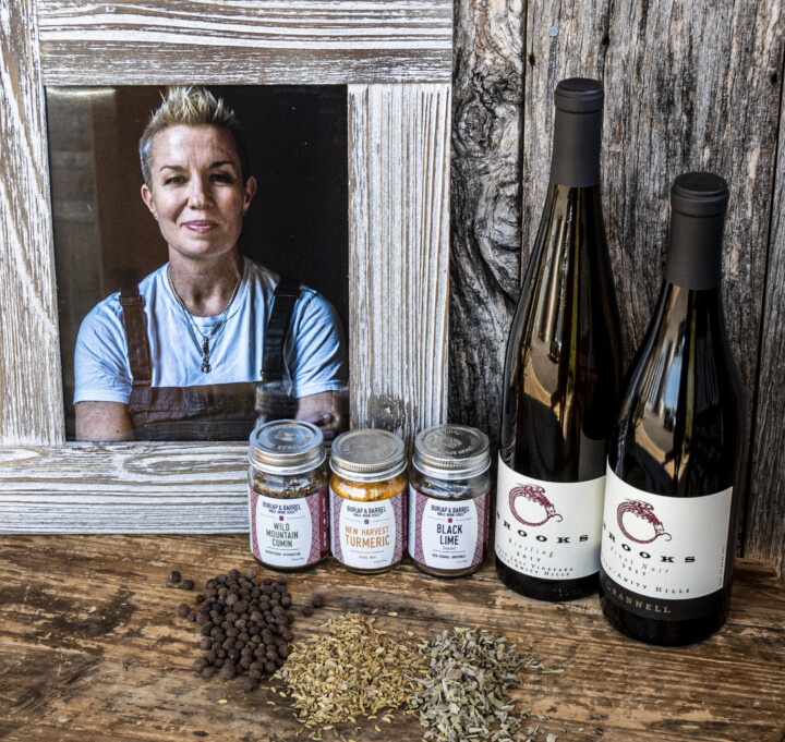 Chef Falkner with two bottles of Brooks Wines