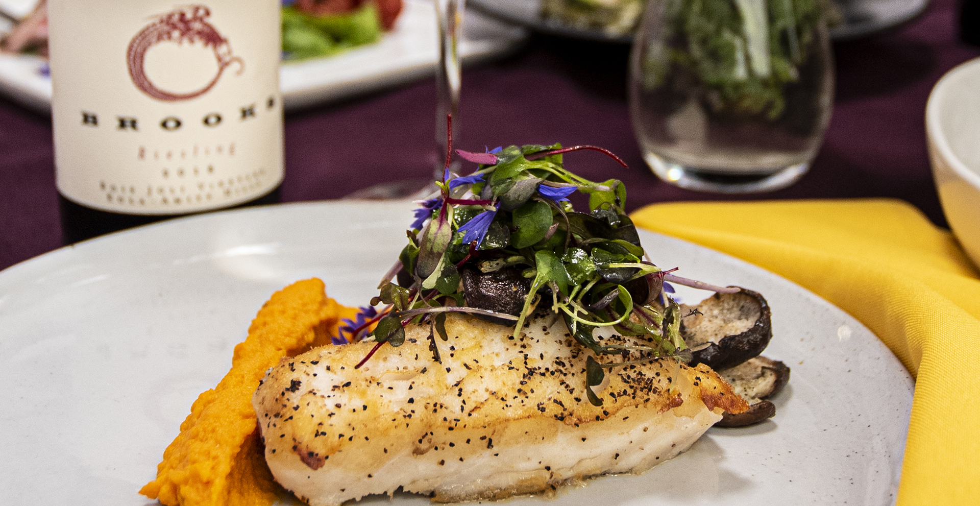 Pan Seared Halibut with Grilled Shiitake Mushrooms and a Carrot-Miso Purée