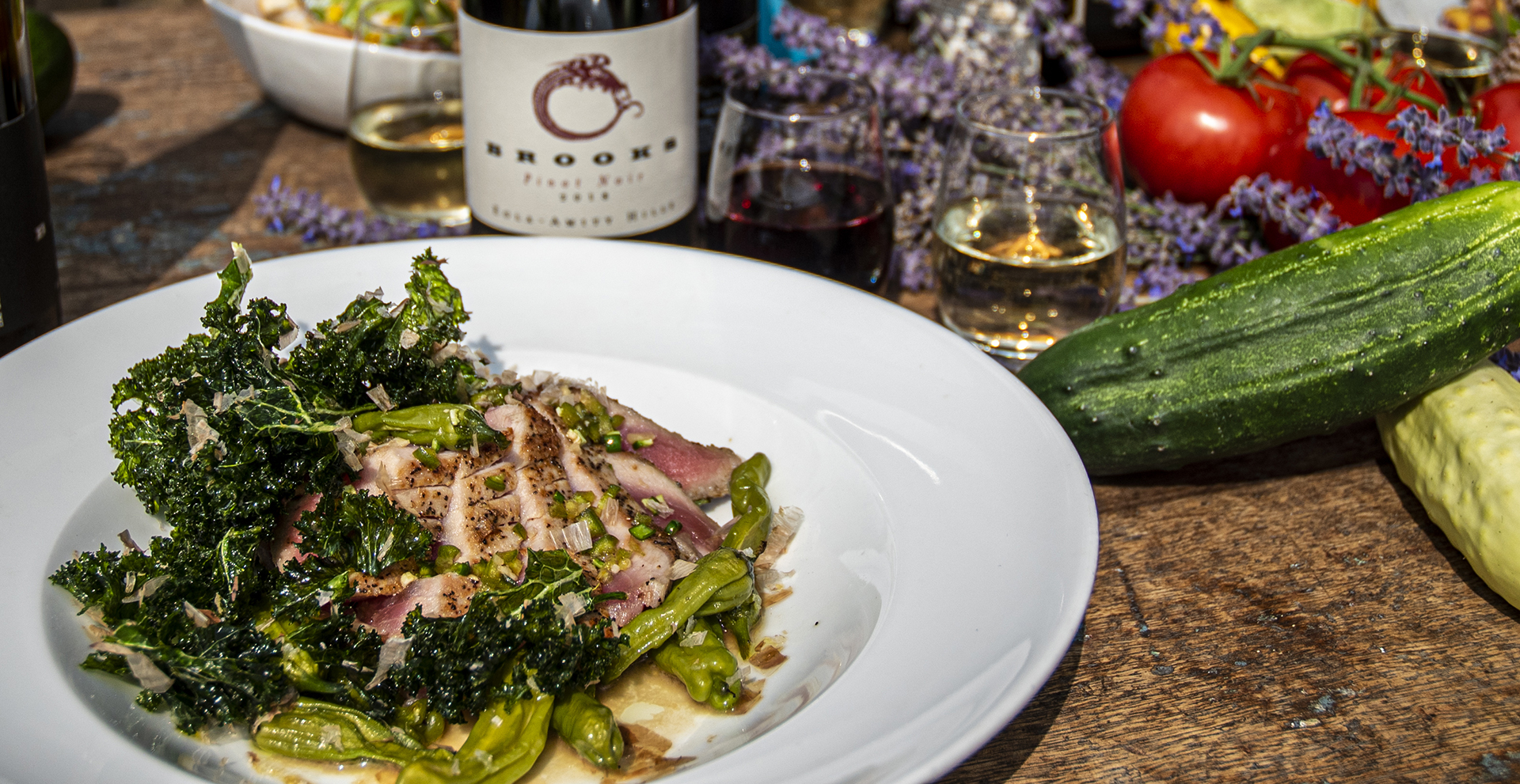 Spice-crusted Tuna with Blistered Shishito Peppers and Crispy Kale