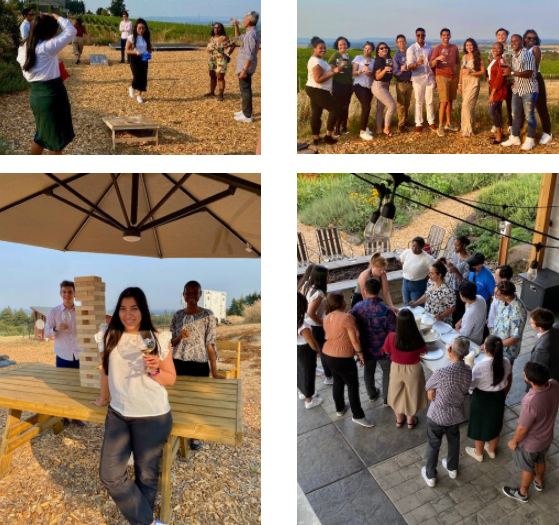 A group of millennials drinking Brooks Wine and playing cornhole. 