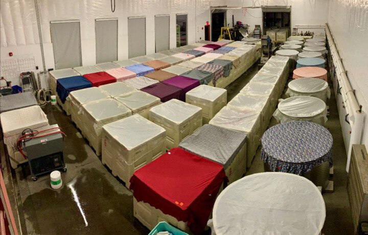 The Fermentation Hall at Brooks Wine is full of macro bins for wine making as multiple single-vineyard harvests of Pinot Noir and Gamay Noir are fermented in open fermentation.