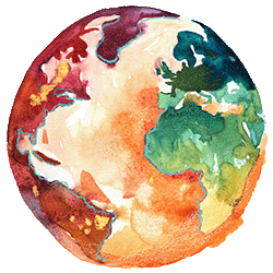 Brightly colored watercolor illustration of Planet Earth