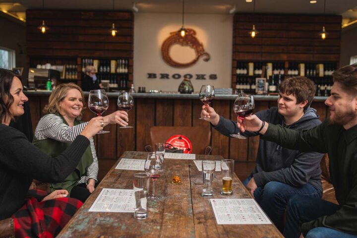Four happy guests drinking red wine while sitting on sofas.