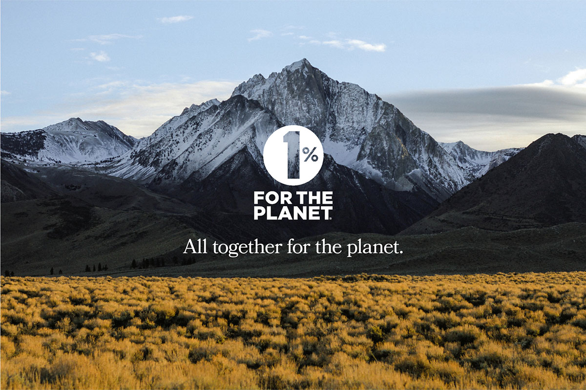 Landscape with mountains with One Percent for Planet Logo and reads, "All together for the planet."