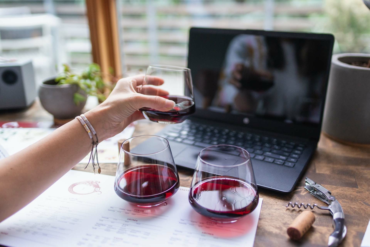 Woman with three tasting glasses of wine sitting in front of laptop computer