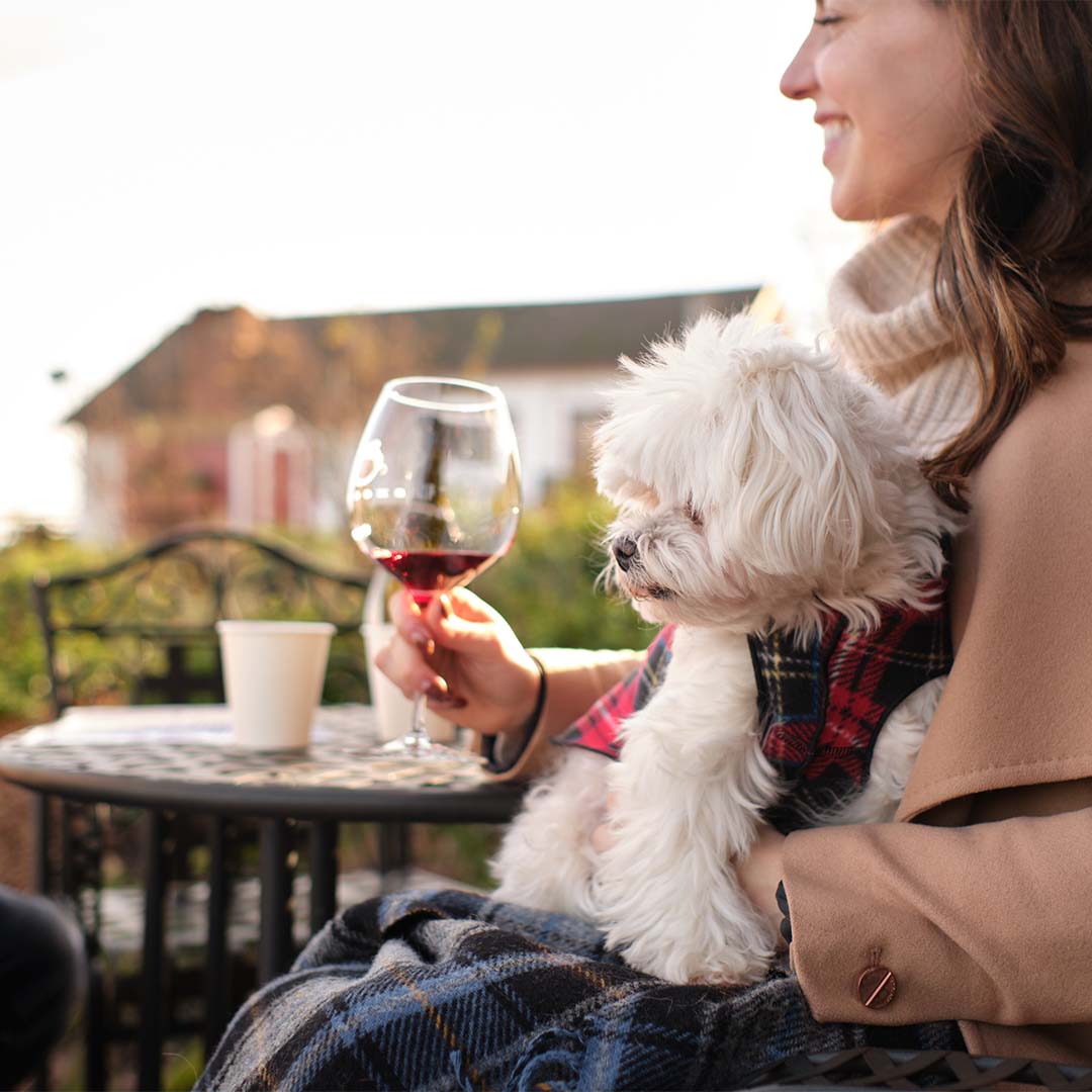 Smiling woman sitting on patio with dog on her lap. She is drinking Brooks Red Wine.