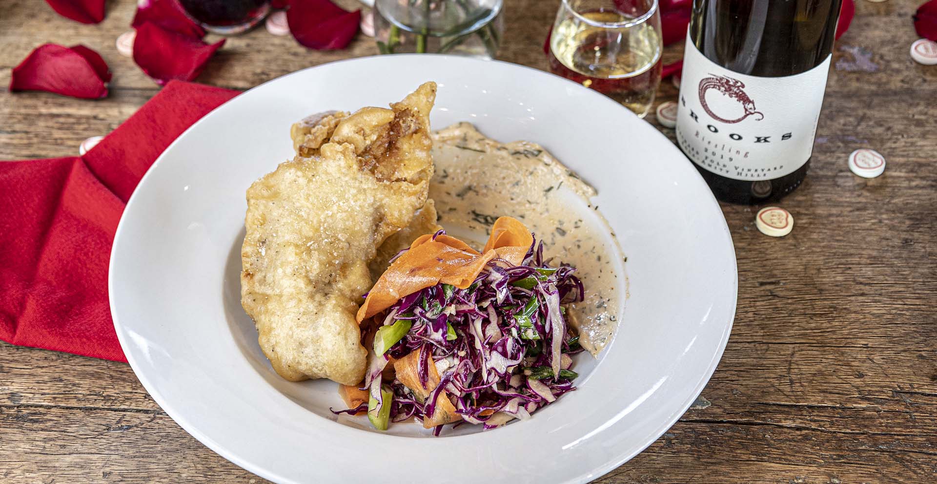Golden fried rockfish with a cabbage slaw and remoulade