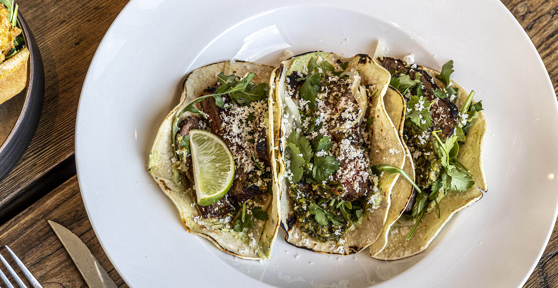 Flank Steak Tacos with Avocado Crema & Chimichurri