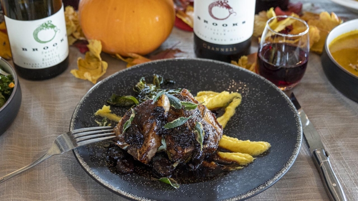 Brooks' pan-seared lamb chops with a cherry cognac demi-glace.