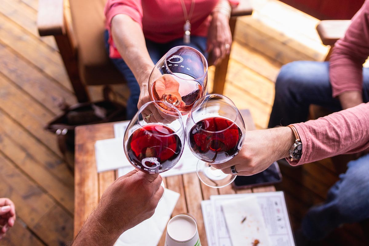 A group of friends raise their glasses filled with Oregon Pinot Noir for a toast to celebrate this time spent together. 