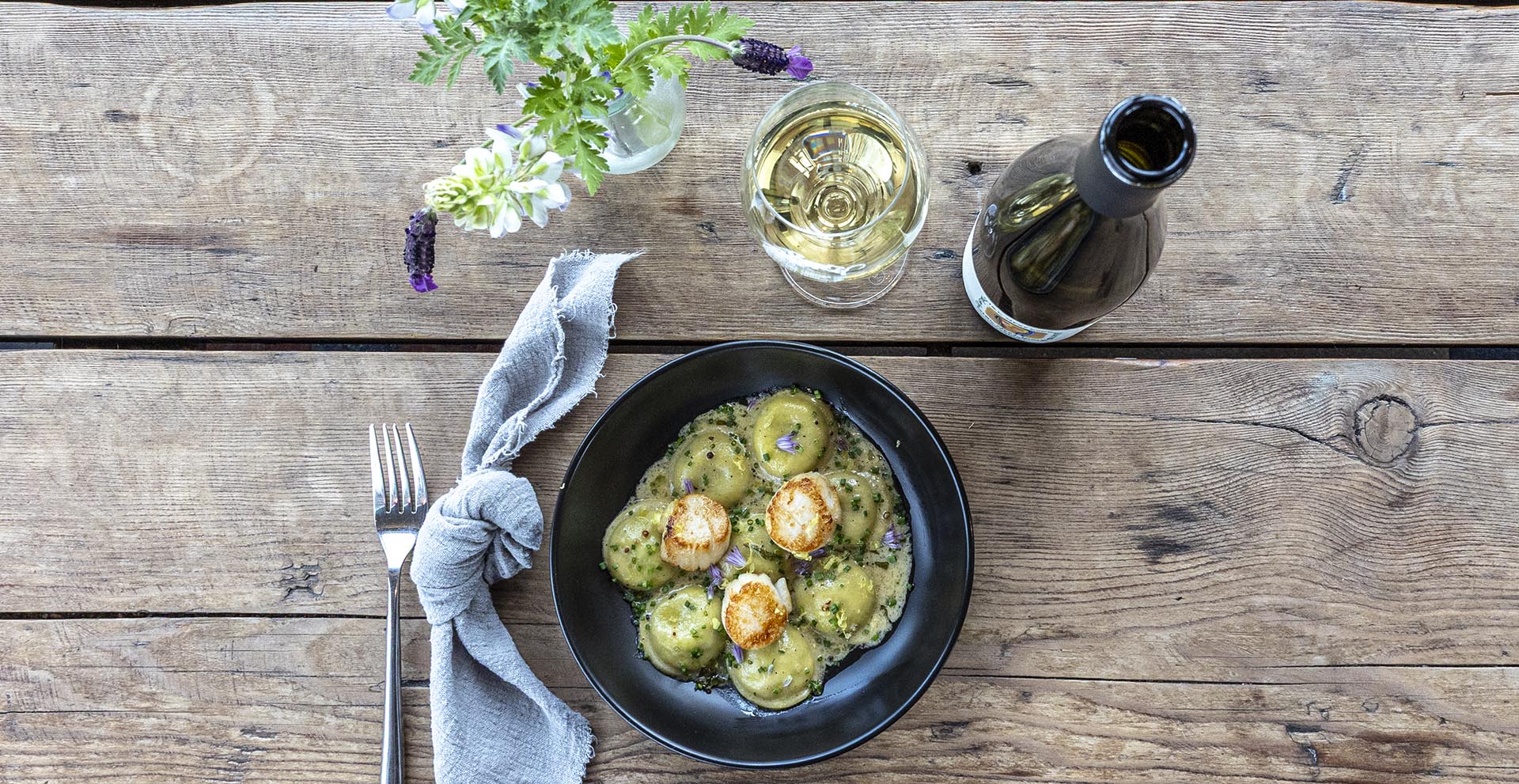 Nettle Pesto Occhi Pasta with Seared Scallops