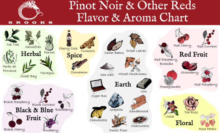 A flavor and aroma chart created by Brooks Wine in Willamette Valley, Oregon to provide tasters with a visual guide when learning how to describe wine. 