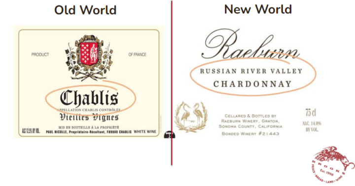 Examples of wine labels from an Old World producer highlighting the region and a New World producer emphasizing the grape variety. 