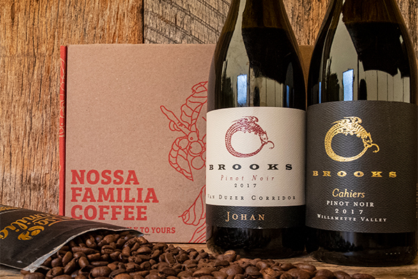Two Bottles of Brooks wine with Box of Nossa Familia Coffee Beans